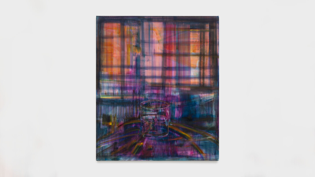 Ben Tong, Glass with Sunset, 2023. Oil on linen, 66 x 56 in (167.6 x 142.2 cm). Courtesy of the artist and Night Gallery