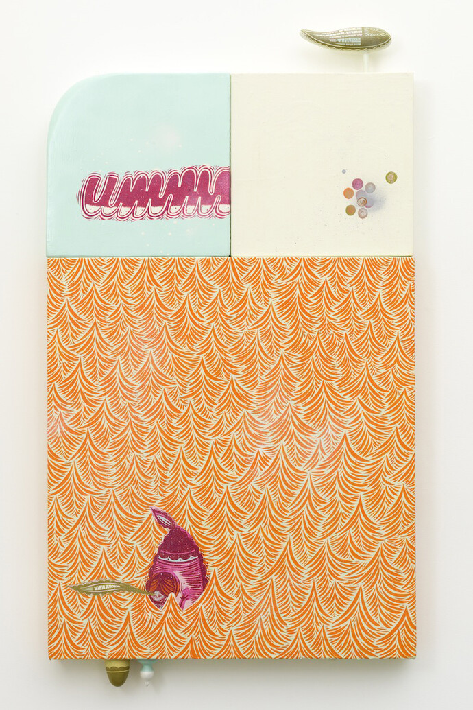 Thomas Campbell, Wading, 2014, Acrylic, gouache, spray paint on wood, panels and gourds, 58 x 32 inches