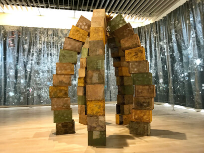 Installation view: front by Boonma, Montien; background by Kanazawa, Sumi. 6th Emerging Artists Exhibition: Shadow - Light. Listen to the Sound of the Earth Turning: Our Wellbeing since the Pandemic. Mori Art Museum, Tokyo. 2022 © Alma Reyes