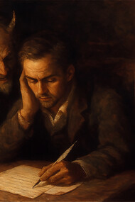 A man writes by candlelight as a shadowed figure whispers over his shoulder — a haunting reflection of temptation and moral struggle from The Screwtape Letters