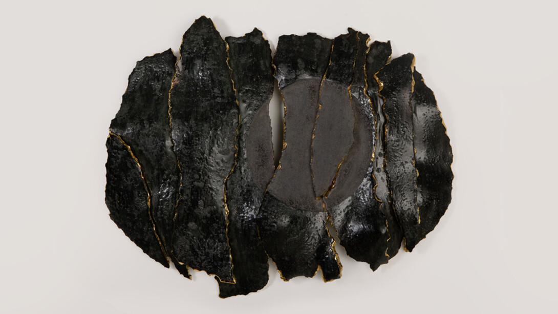 Diaz & Hengst, Remnants, 2023, ceramics and 24K gold, 78x42x4 inches. Courtesy of Leila Heller Gallery