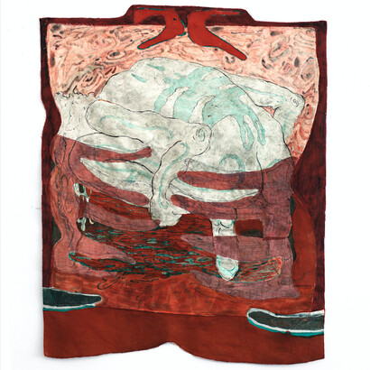 Jeanne Gaigher, Cocoon 3, acrylic, ink on canvas and scrim,
2021, 125 x 100 cm. Courtesy the artist and Osart Gallery. Photo
Justin Share.