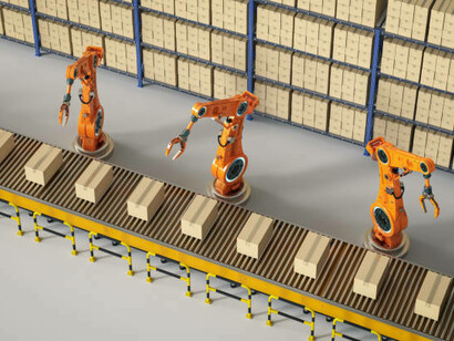Industrial automation concept featuring a robot arm collaborating with a warehouse robot in a factory setting