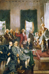 Scene at the Signing of the Constitution of the United States by Howard Chandler Christy (1940), showing the delegates to the Constitutional Convention in Philadelphia on the day of its official signing – September 17, 1787, this painting is among the best known images in the U.S. Capitol: it was to this group of delegates that Jonas Philips of Mikveh Israel addressed his letter asking for religious freedom to be enshrined in American law