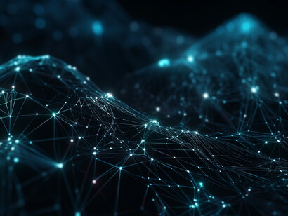 Rete di punti luminosi che seguono un paesaggio ondulato, creando l’illusione di una mappa topografica astratta composta da dati