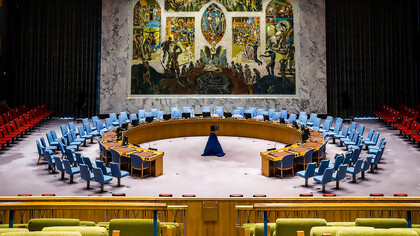View of the empty United Nations Security Council chamber at the UN Headquarters in New York City, USA