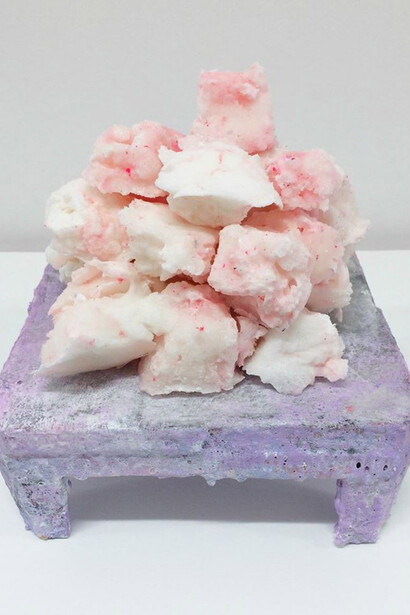 Evelyn O'Connor, Fitting, pva glue, acrylic paint, sugar, spray paint, pigment, plastic component, 2015. Installation at Art First, 2015