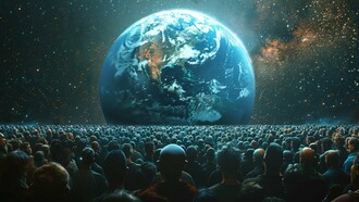 Humanity gazing up at planet Earth, emphasizing our shared planetary home and the need to unite as one global community to address our common challenges