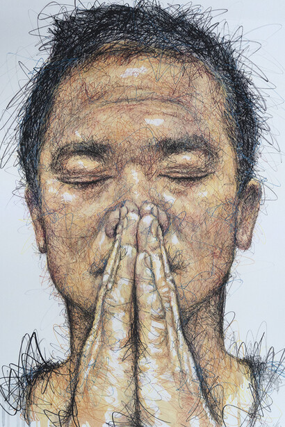 Lithographie de Kikazaru. Cet autoportrait, publié en 2019, fait partie d'une trilogie (Iwasaru, Kikazaru, Misaru), symbole d'origine est-asiatique qui évoque la sagesse