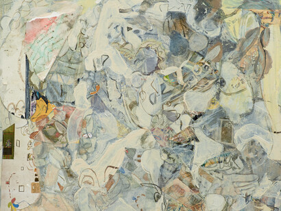 Katy Moran, Cat Heaven, 2014, Acrylic and collage on canvas, Framed dimensions: 16 7/8 x 20 x 2 inches (42.9 x 50.8 x 5.1 cm) © Katy Moran, courtesy of Andrea Rosen Gallery, New York