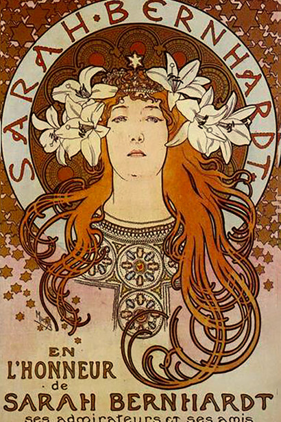 Sarah Bernhardt par Alphose Mucha. Ambitieuse, Sarah acquière deux salles de théâtre, La Renaissance, puis le Théâtre des nations qu’elle dirige avec vigueur