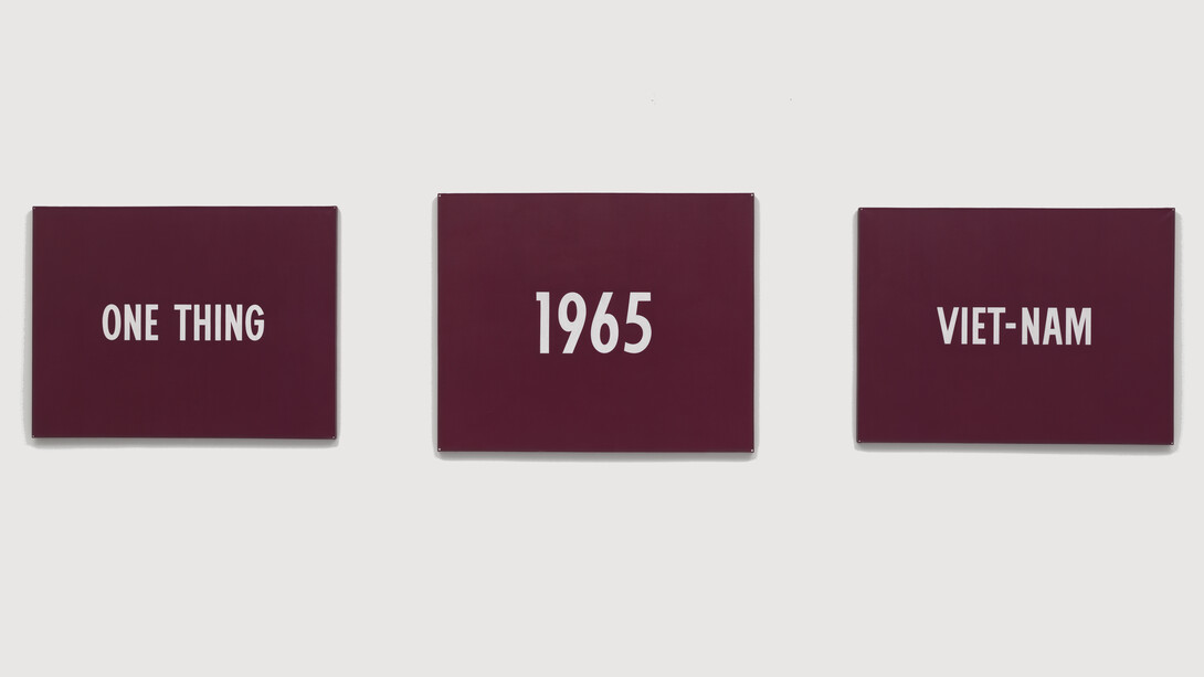 On Kawara, Title, 1965, Acrylic on canvas, triptych, Left panel: 46 3/8 x 61 3/8 inches (117.8 x 155.9 cm); center panel: 51 1/4 x 62 3/4 inches (130.2 x 159.4 cm); right panel: 46 1/4 x 61 3/8 inches (117.5 x 155.9 cm), National Gallery of Art, Washington D.C., Patrons’ Permanent Fund