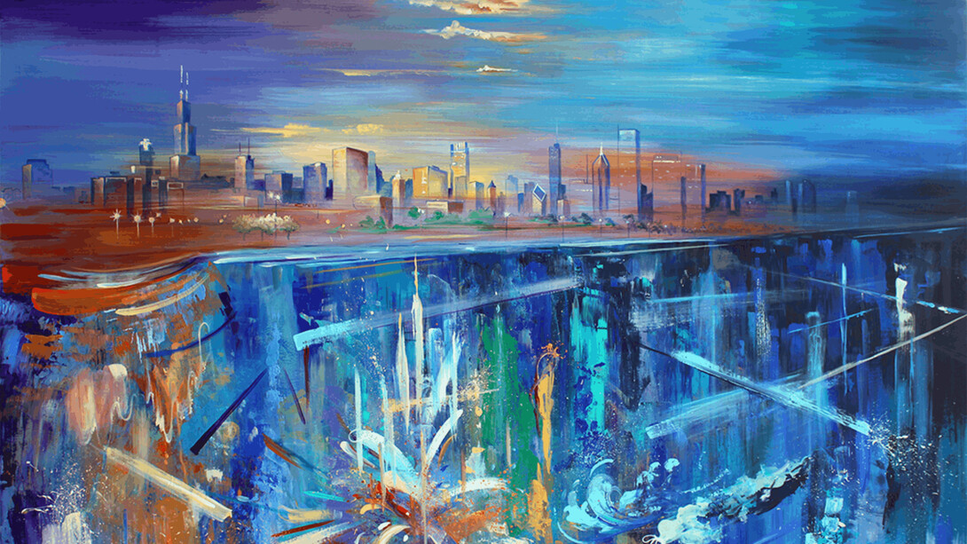 Laura Lee Junge, City By The Lake, acrylic on board, 40x60 inches. Courtesy of Jackson Junge, Chicago