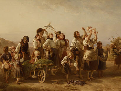 «Heimkehrende Schnitter» de Jakob Becker (1810-1872) presenta una visión romántica e idealizada de los trabajadores agrícolas en el siglo XIX
