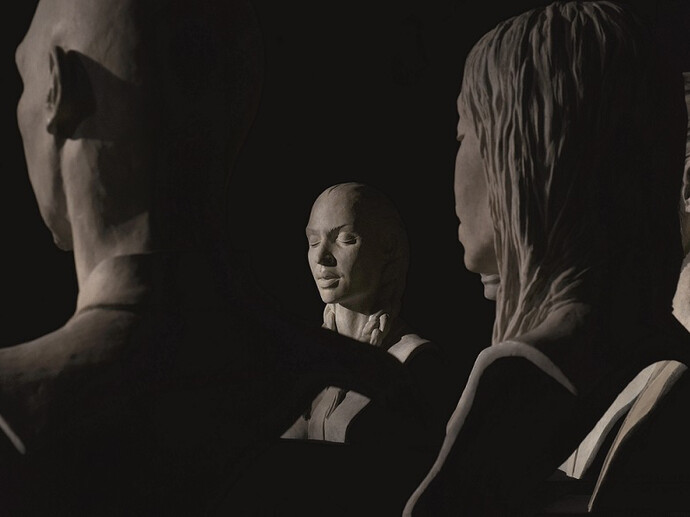 Helga Vockenhuber, Apokatastasis, (sette busti in bronzo così disposti: Fiore del volto, 2012, bronzo, 44 x 31 x 60 cm, Dentro di me, 2012, bronzo, 40 x 30 x 60 cm, Meditando la musica del cuore, 2012, bronzo, 44 x 36 x 60 cm, Ékstasis, 2012, bronzo, 44 x 36 x 60 cm, Il Nuovo Adamo, 2012, bozzetto in bronzo, 38 x 29 x 61 cm, La Nuova Eva, 2012, bozzetto in bronzo, 38 x 32 x 63 cm, Gebet zum schweigen gebracht, (Preghiera che conduce al silenzio), 2012, bronzo, 44 x 31 x 60 cm

