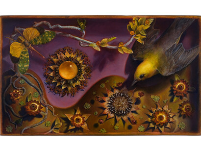 Kevin King, Diorama with Sunflowers, 2010, Oil on copper plate. Work size: 5 3/4 x 9 11/16 inches, 14.6 x 24.6 cm. Framed size: 12 1/4 x 16 1/8 inches, 31 x 41 cm
