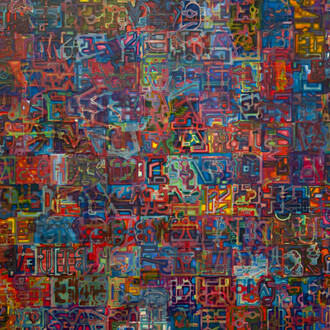 Phil Dobson, Gardening With Gutenberg, acrylic on board, 154 x 176 cm, © ArtMoorHouse