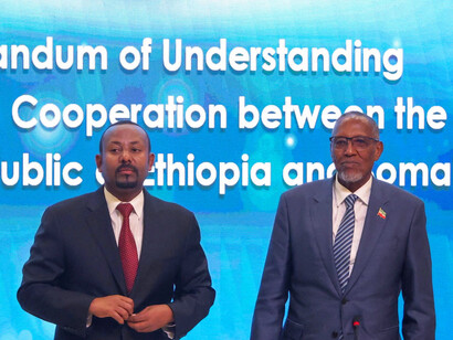 Abiy Ahmed, the Prime Minister of Ethiopia, and Muse Bihi Abdi, the President of Somaliland, stand proudly after an historic agreement through the memorandum of understanding