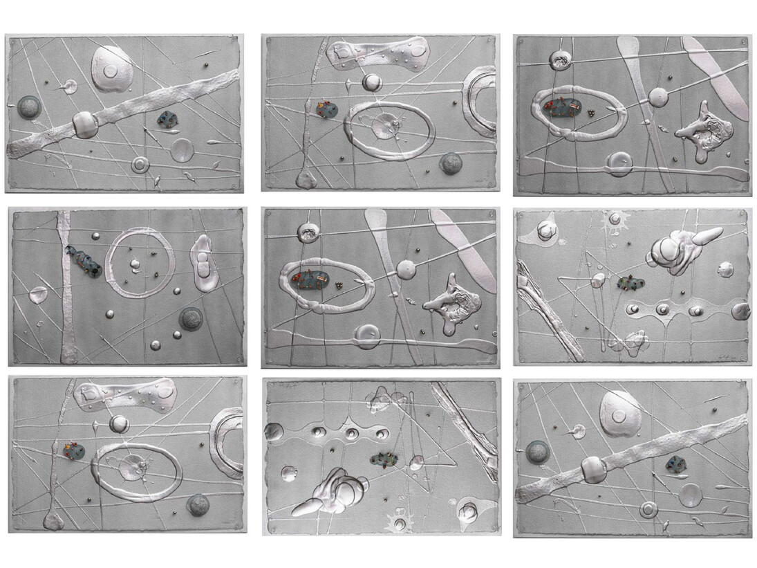 Enrico T. De Paris, Cosmic map, 2011, 190 x 130 cm, paper acid free, acrylic paint, inox magnetic balls, pvc figures, synthetic paint, adhesive hybrid polymer