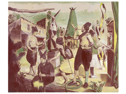 Neo Rauch, Das Horn, 2014, Oil on canvas, 98 3/4 x 118 3/8 inches (250.7 x 300.7 cm)