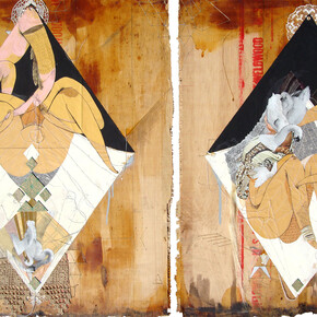 Monica Canilao, Swan Children 1 & Swan Children 2, 2009, mixed media, collaged paper, thread and tea bags on found board from an abandoned train station 
