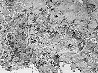 The Evil Genius of Europe by W. Coney, tinted lithograph, London, 1859. Napoleon III is here portrayed as 'the evil genius' threatening to expel Austria from northern Italy, and about to try on the Italian boot (photographed from The Mapmaker's Art: A History of Cartography by John Goss, pg. 340)