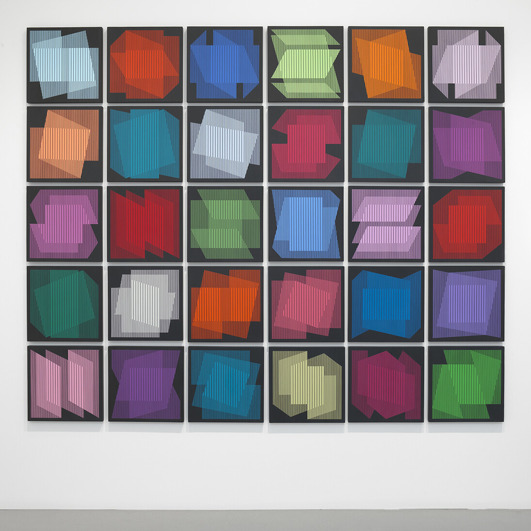 Julian Stanczak, Proportional Mixing, 2011, Acrylic on panel, 30 panels, each: 16 by 16 in.  40.6 by 40.6 cm. Courtesy of the artist and Mitchell-Innes & Nash, NY