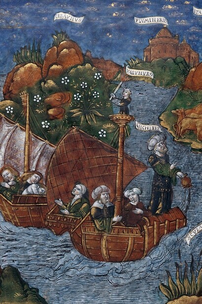 La flotta di Enea arriva si avvicina alle coste italiane, disegno dal III libro dell'Eneide, 1530-35, Maestro dell'Eneide, Francia, Limoges; Metropolitan Museum of Art, New York, USA