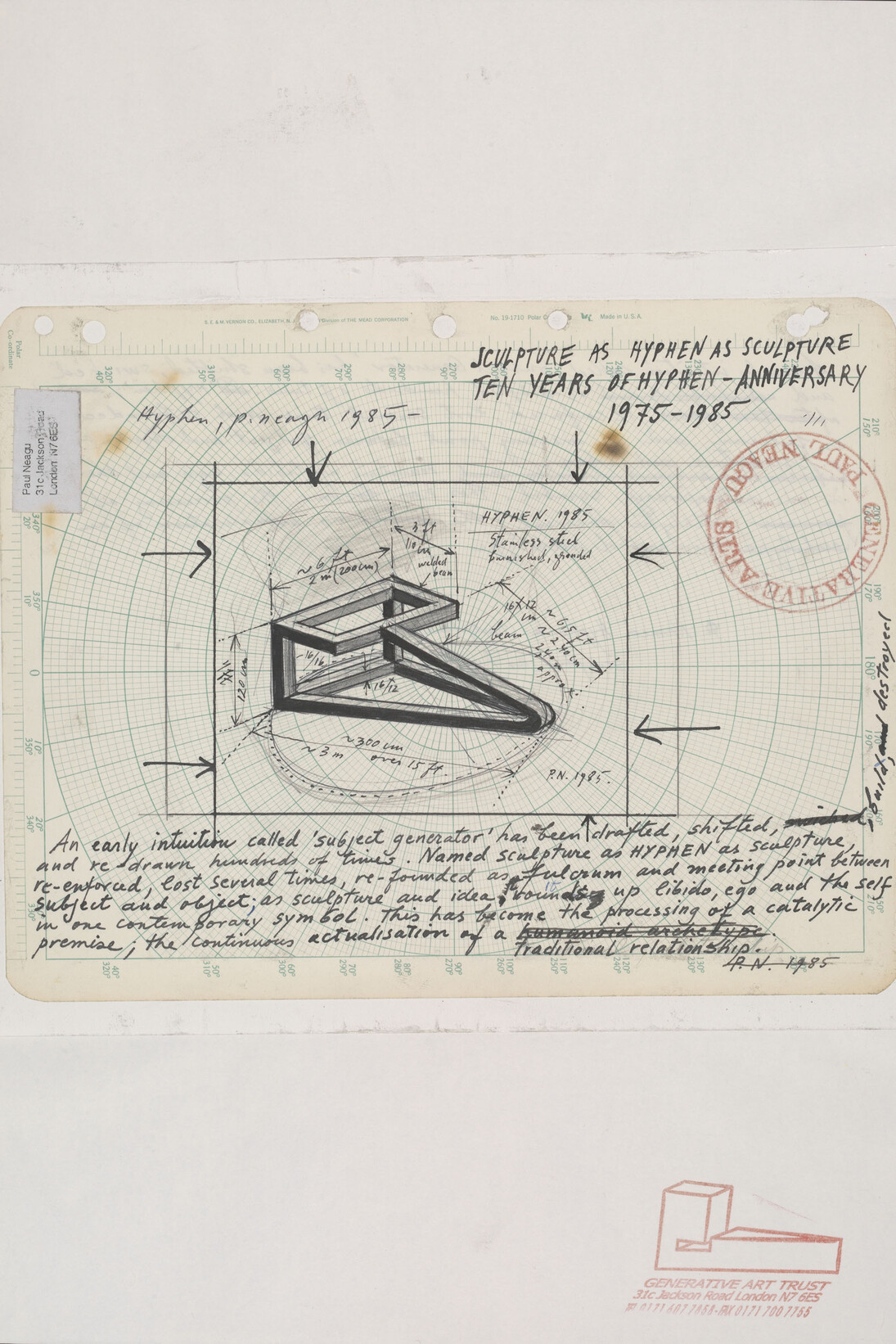 Paul Neagu, Drawing for the sculpture ‘Hyphen’
1985, Pencil, black ink and black ballpoint pen on graph paper printed in green with polar co-ordinates, Victoria and Albert Museum, London
© Estate of Paul Neagu/DACS London 2015
