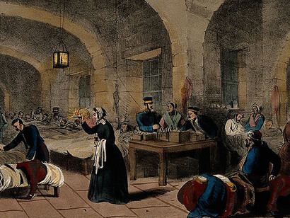 Crimean War: Florence Nightingale checking on her patients and administrating medicine at Scutari Hospital. Coloured lithograph by J.A. Benwell