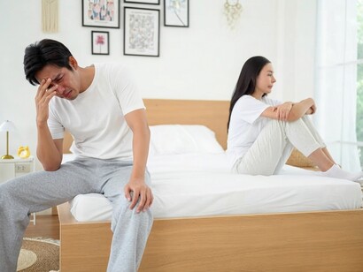 A couple experiencing conflict sits separately in their bedroom during a quiet, emotionally distant moment