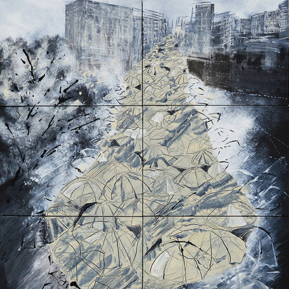 Hermione Carline, Tokyo Storm, oil and mixed media on board, 91.5 x 87.5 cm, Courtesy of The Other Art Fair