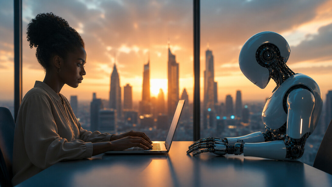 A woman and a humanoid robot working across a shared desk at sunset, symbolising the evolving collaboration between people and intelligent machines in the future of work