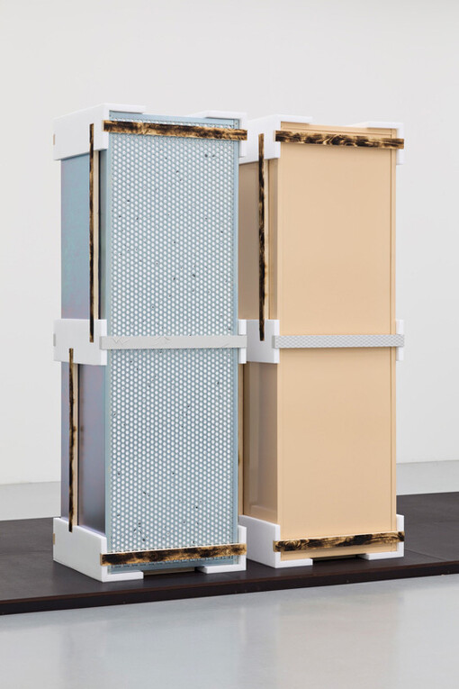 Magali Reus Lukes (Dinosaurs), 2014 Folded and riveted powder-coated steel, iron-phosphated powder coated, folded and riveted clear zinc coated steel, plastazote foam, charred wood, aluminum, polyester resin, pigment each unit: 190 x 64 x 58 cm / (74¾ x 25¼ x 22⅞ in), Image Courtesy of Kestnergesellschaft, Hannover and The Approach, London. Photo: Raimund Zakowski