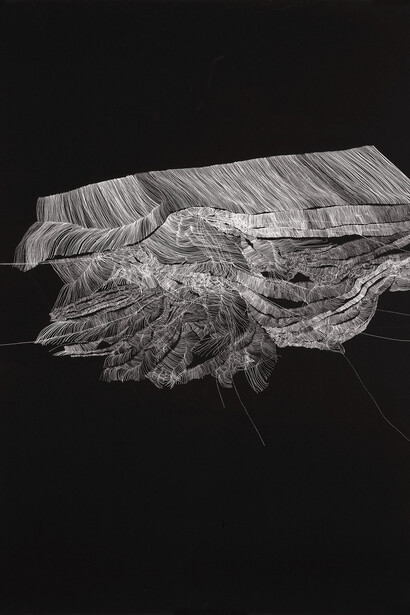 Ruth Moran, Tectonique de l’espace, 2014, Détrempe vinylique et encre sur papier, 140 x 100 cm, Courtesy Galerie Natalia Gomendio