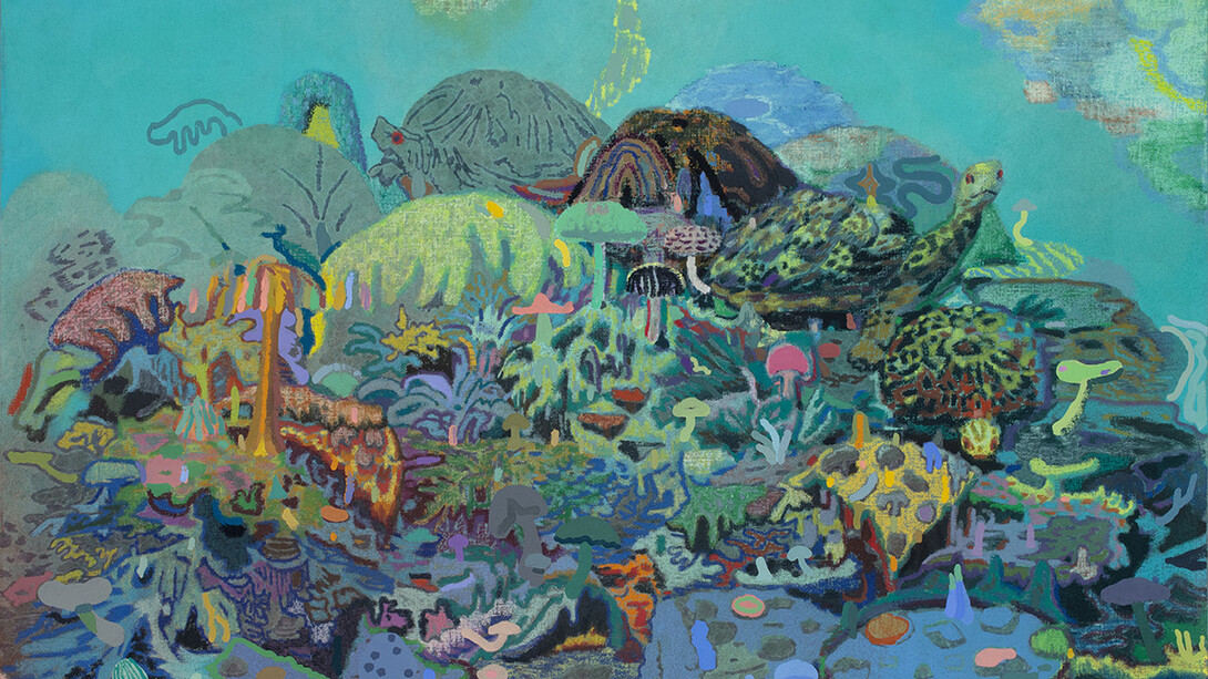 Leon Benn, 
The Reptilian Brain Likes Pizza,
2021,
Oil and fabric dye on linen,
48 x 64 inches (detail)