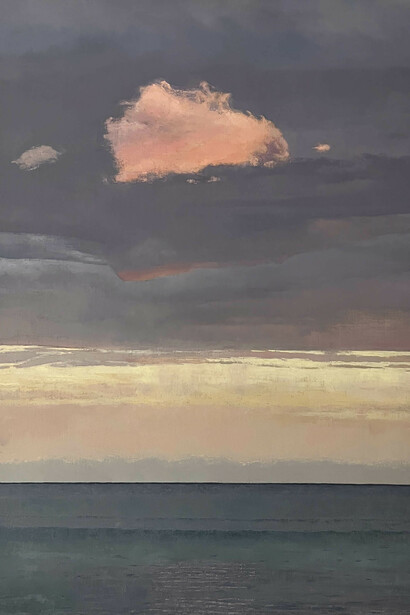 Thomas Sarrantonio, Seascape with floating cloud at sunset (detail), 2024. Courtesy of Carrie Haddad Gallery