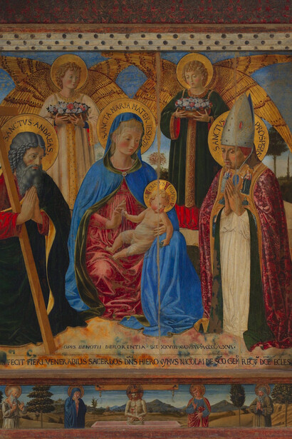 Benozzo Gozzoli, Virgen de la humildad y dos ángeles con los santos Andrea y Prospero (1466, Museo Cívico San Gimignano Bassa)