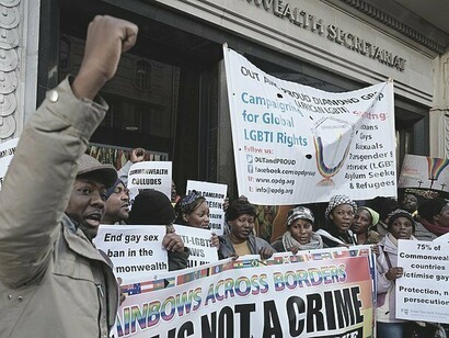 A rally in London outside the Commonwealth Secretariat Headquarters to demand that greater equality for LGBT people is put on the agenda for November's summit, England 