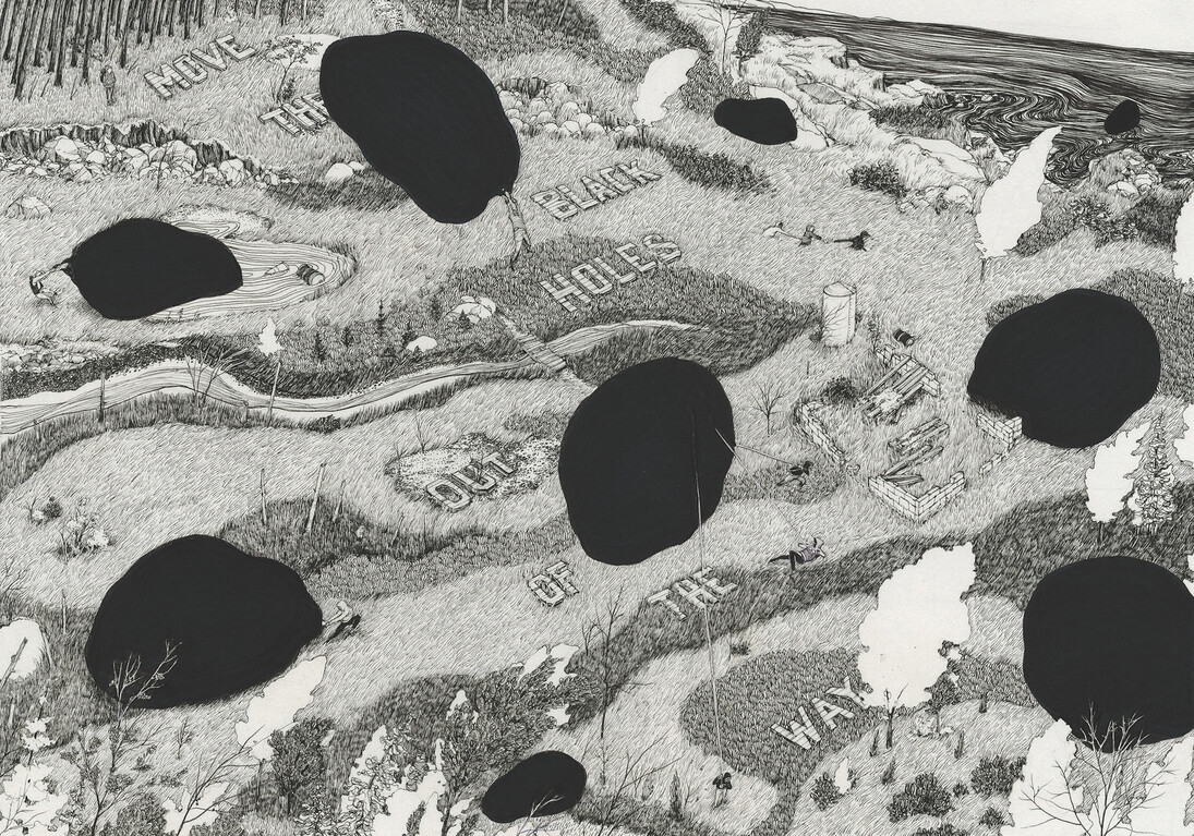 Pat Perry, Move The Black Holes, 2013 inchiostro su carta. Courtesy of Dorothy Circus Gallery