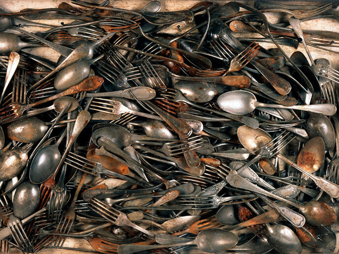 Arman, Artériosclérose, 1961, Accumulation of forks and spoons in box, 47.5 x 72.5 x 7.5 cm