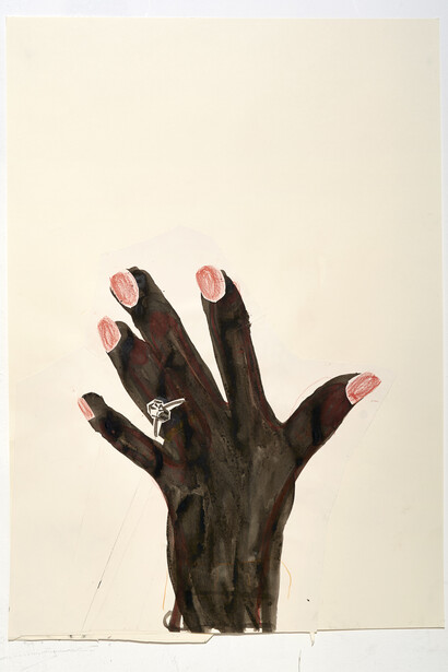 Rose Wylie, Black Hand and Diamond Ring, 2012, Ink, coloured pencil and collage on paper, 33.5 x 23.5 in (85.1 x 59.7 cm). Courtesy of the Artist and Thomas Erben Gallery, New York