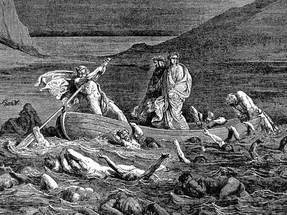 Dante y Virgilio en viaje infernal sobre la barca de Caronte según una de las ilustraciones con las que Gustave Doré imaginó el Infierno de la «Divina Comedia» en 1857