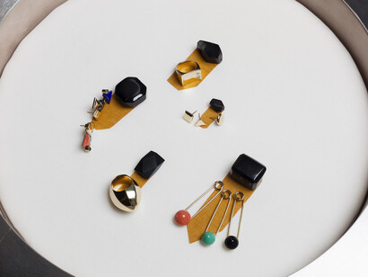 From the Belmacz archive curated by May Cornet, 'Swifty', 'Bauhaus', 'Bauhaus Studs', 'Zeppelin', 'Poiret Pins'