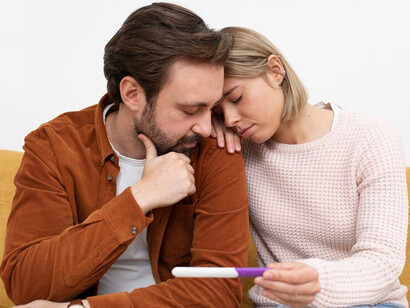 Couple on the couch, staring at a pregnancy test, grappling with the heartache and uncertainty of their infertility journey
