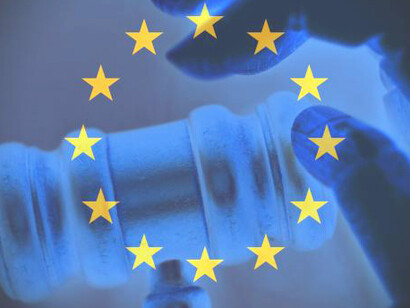 This illustration shows a robot hand holding a gavel, integrating elements of AI law and policy regulation, with moral and ethical dimensions of artificial intelligence highlighted, and the European flag in the background