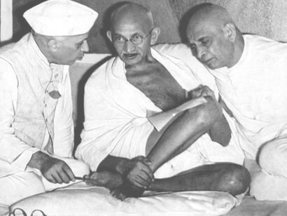 First Prime Minister of India, Jawaharlal Nehru, Mahatma Gandhi and Sardar Patel, first Deputy Prime Minister and Home Minister of India 