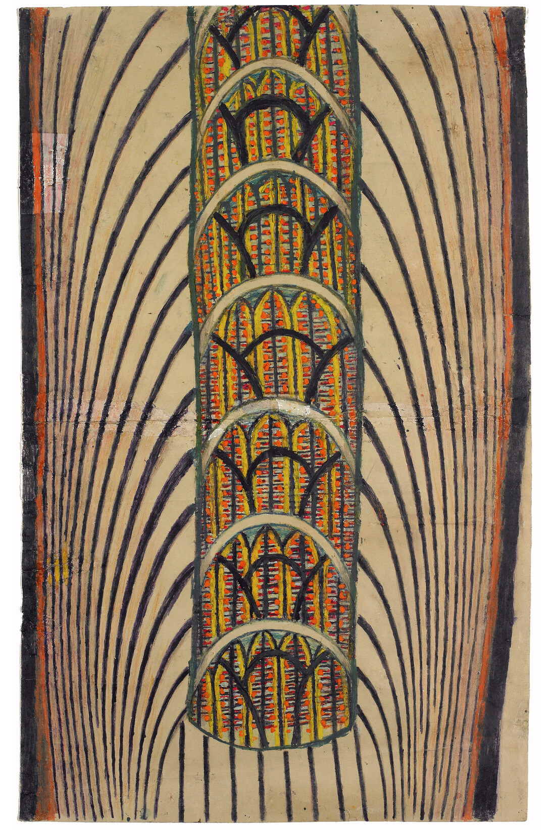 Martin Ramirez, Untitled (Agricultural Abstraction), c. 1960-63, Melted crayon on pieced paper, 27 1/2 x 17 in; 70 x 43 cm