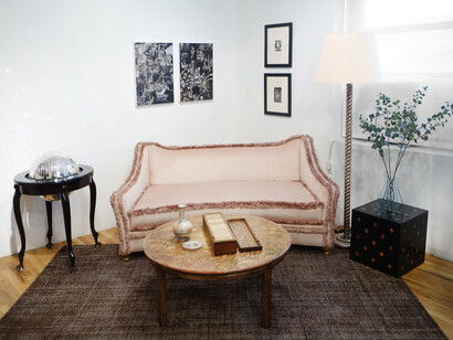 Curated in collaboration with Liz O'Brien: 1. Jane Benson, Disco Globe X, 2009; 2. Liz O'Brien Editions, The Jayne Sofa, courtesy Liz O'Brien; 3. Raven Schlossberg, Her Hair as Black as Snow, 2012/2013; 4. Raven Schlossberg, Lost in Rome (She's Come Undone), 2012; 5. Max Kuehne (1880-1968), Low round table, c. 1930, courtesy Liz O'Brien; 6. Qianlong Mark Republic period enameled vase, c. 1930, courtesy Don Joint; 7. Lobmeyr enameled glass plate, N.D., courtesy Don Joint; 8. Al Souza, Large, Long Gold Bookbox, 2013; 9. Man Ray (1980-1976), The Gift, 1944-45; 10. Man Ray (1980-1976), Mr. Knife and Mrs. Fork, 1944; 11. Frances Elkins (1888-1953), Silvered wood torchiere, c. 1937, courtesy Liz O'Brien; 12. Edward Wormley (1907-1995), Lacquered and inlaid wood side table, c.