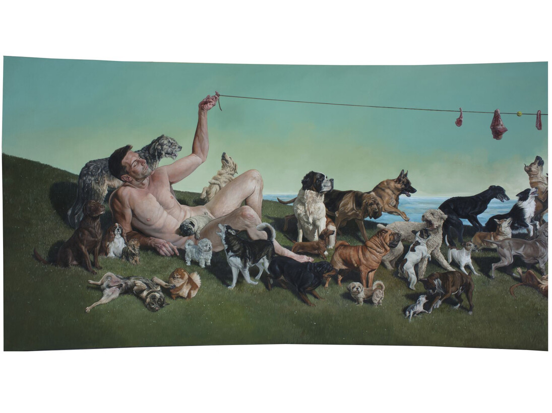 Erik Thor Sandberg, In the Valley (detail), 2015, oil on curved panel, 30 x 116 inches.